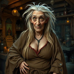 An old and unconventional witch with striking features, characterized by her unruly long blonde hair that flows down her back