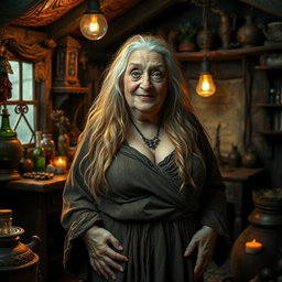 An old and unconventional witch with striking features, characterized by her unruly long blonde hair that flows down her back