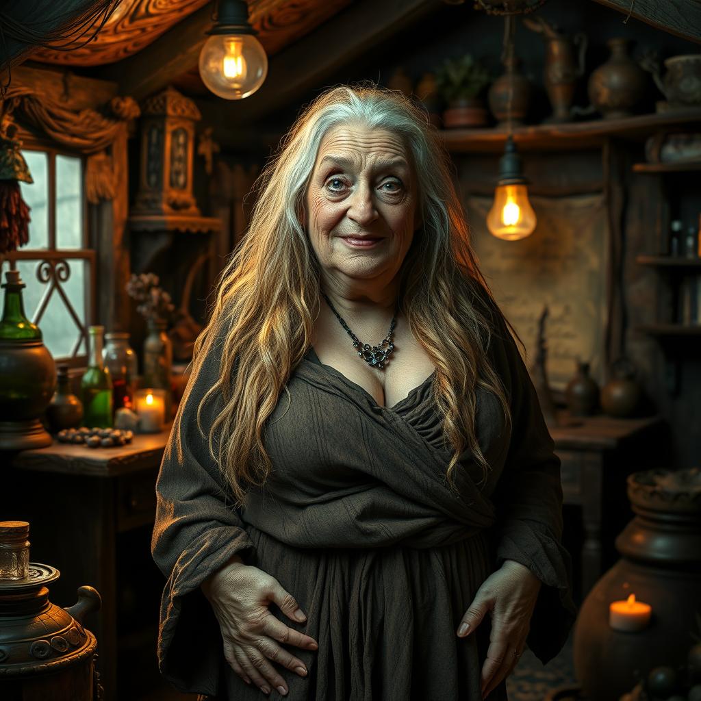 An old and unconventional witch with striking features, characterized by her unruly long blonde hair that flows down her back