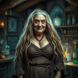 An old and unconventional witch with striking features, characterized by her unruly long blonde hair that flows down her back