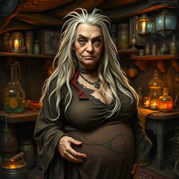 An old and unconventional witch with striking features, characterized by her unruly long blonde hair that flows down her back