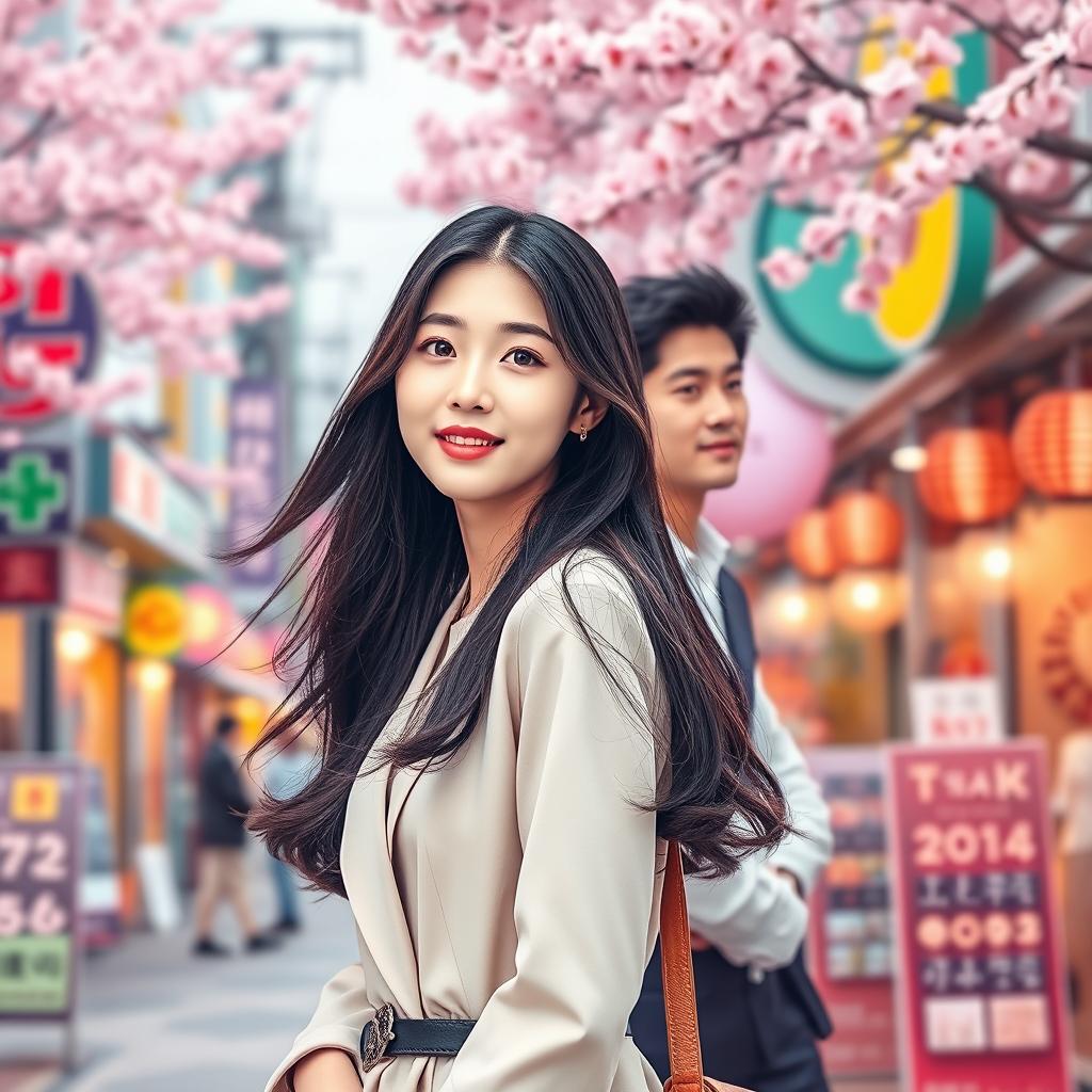 A captivating book cover featuring a young woman with long, flowing dark hair, dressed in a stylish, modern outfit, standing in front of a bustling street in South Korea, filled with colorful shops and beautiful cherry blossom trees