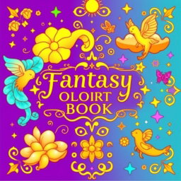 A whimsical and magical coloring book cover designed for a fantasy book, featuring vibrant purple, gold, and teal colors