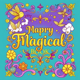 A whimsical and magical coloring book cover designed for a fantasy book, featuring vibrant purple, gold, and teal colors