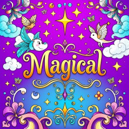 A whimsical and magical coloring book cover designed for a fantasy book, featuring vibrant purple, gold, and teal colors