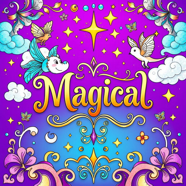 A whimsical and magical coloring book cover designed for a fantasy book, featuring vibrant purple, gold, and teal colors