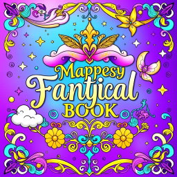 A whimsical and magical coloring book cover designed for a fantasy book, featuring vibrant purple, gold, and teal colors