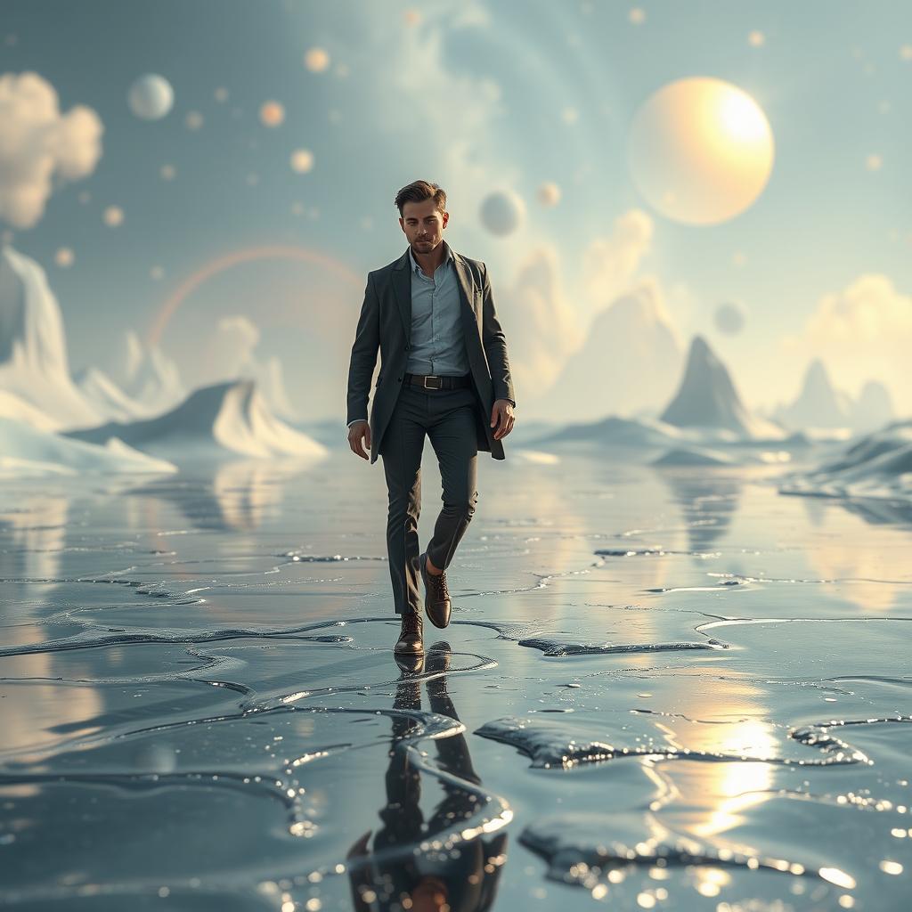 A surreal scene depicting a man walking on a shimmering surface of titanium oxide, each step he takes leaving behind his shoes, symbolizing transformation and change