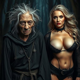 An intriguing scene featuring an old, unattractive witch with a wrinkled face and wild, unkempt hair, dressed in tattered, dark robes embellished with mystical symbols