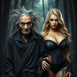 An intriguing scene featuring an old, unattractive witch with a wrinkled face and wild, unkempt hair, dressed in tattered, dark robes embellished with mystical symbols