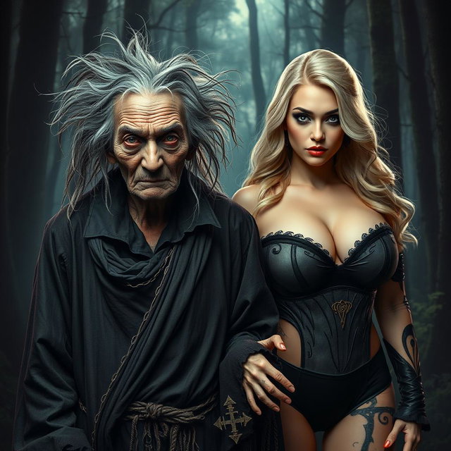 An intriguing scene featuring an old, unattractive witch with a wrinkled face and wild, unkempt hair, dressed in tattered, dark robes embellished with mystical symbols