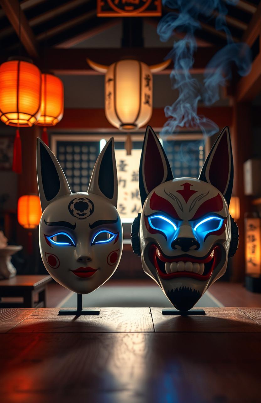 Enchanting Shinto Shrine with Kitsune Masks - Captivating AI Art