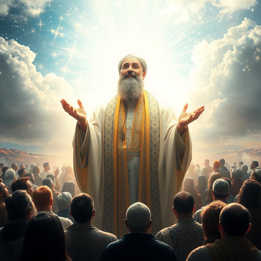 A dramatic and ethereal depiction of the appearance of Imam Mahdi, radiating a powerful and benevolent aura