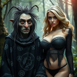 An enchanting scene featuring an unattractive witch with a crooked nose and wild, unkempt hair, dressed in dark, ragged robes filled with mysterious symbols