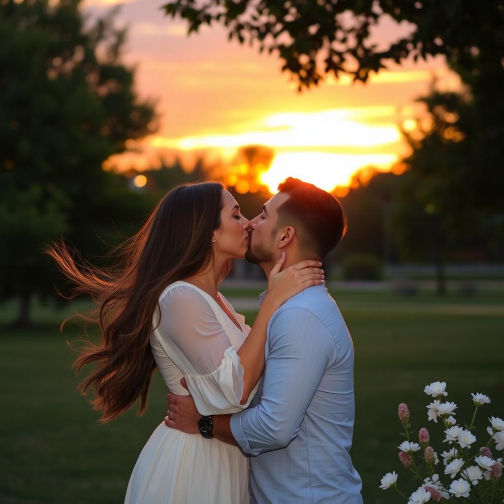 A romantic scene featuring a couple passionately kissing in a serene park during sunset