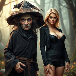 An engaging scene featuring an unattractive witch with a crooked nose and wild, unruly hair, dressed in tattered dark robes covered with mystical symbols