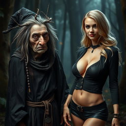 An engaging scene featuring an unattractive witch with a crooked nose and wild, unruly hair, dressed in tattered dark robes covered with mystical symbols