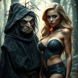 An engaging scene featuring an unattractive witch with a crooked nose and wild, unruly hair, dressed in tattered dark robes covered with mystical symbols