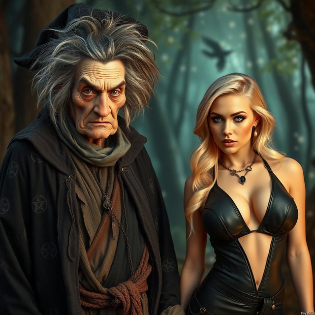An engaging scene featuring an unattractive witch with a crooked nose and wild, unruly hair, dressed in tattered dark robes covered with mystical symbols