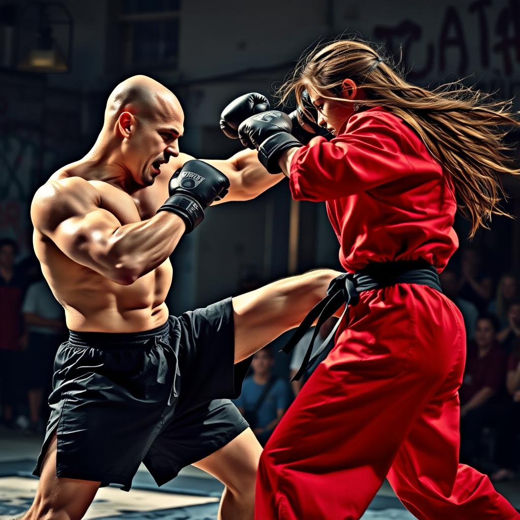A dynamic and intense scene of two martial artists engaged in a fierce battle, showcasing powerful kicks and punches