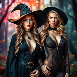 A captivating scene featuring a woman dressed as a witch, adorned in a stylish, dark robe with intricate patterns, and a pointy hat, embodying a mystical aura