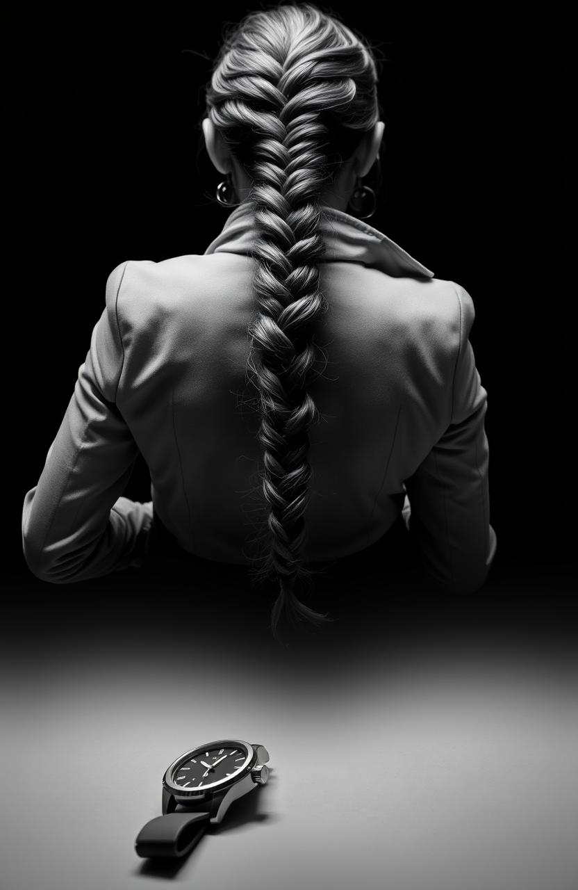 A dramatic black and white image capturing the back view of a female detective with her hair styled in a neat braid