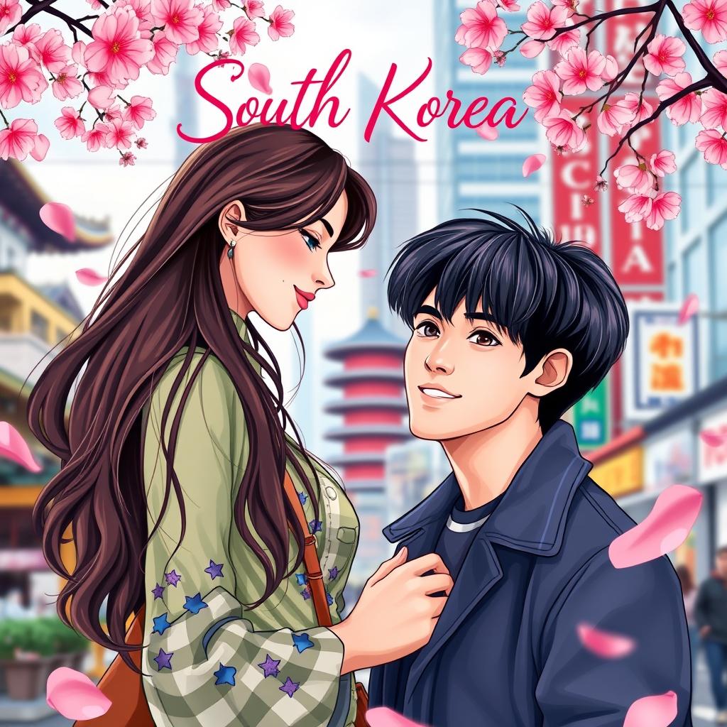 A vibrant and romantic book cover featuring a Brazilian heroine immersed in the colorful streets of South Korea