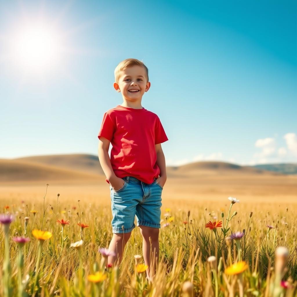 A serene landscape featuring only a young boy standing in a vast open field under a clear blue sky
