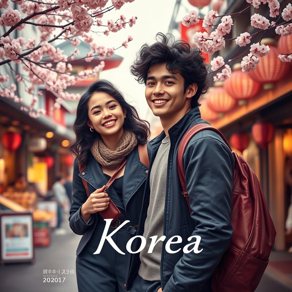 A captivating book cover showcasing a Brazilian heroine with dark, curly, and curvy features, dressed in a trendy outfit that blends Brazilian and Korean styles
