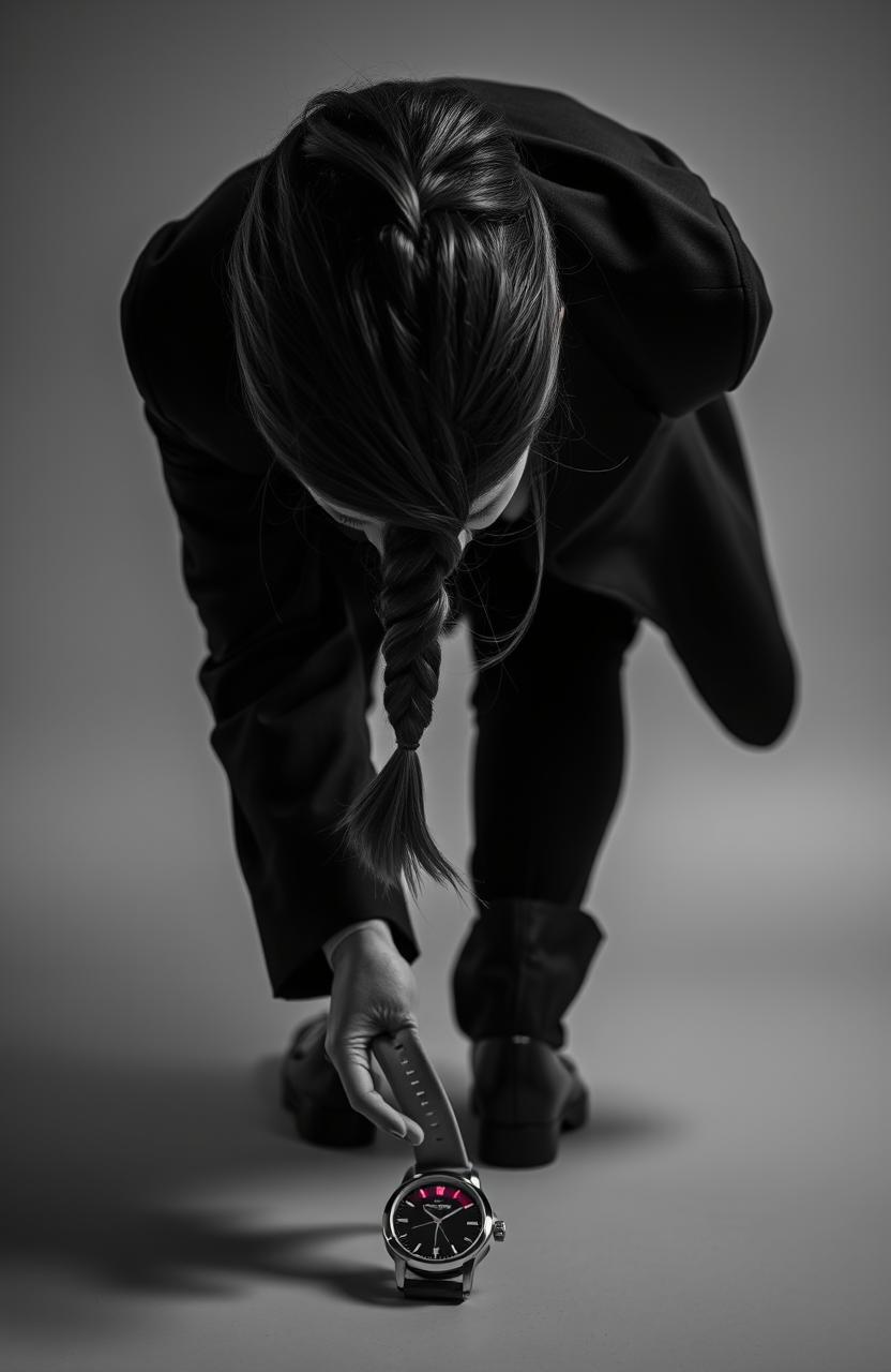 A black and white photograph capturing the back view of a female detective with her hair styled in a braid