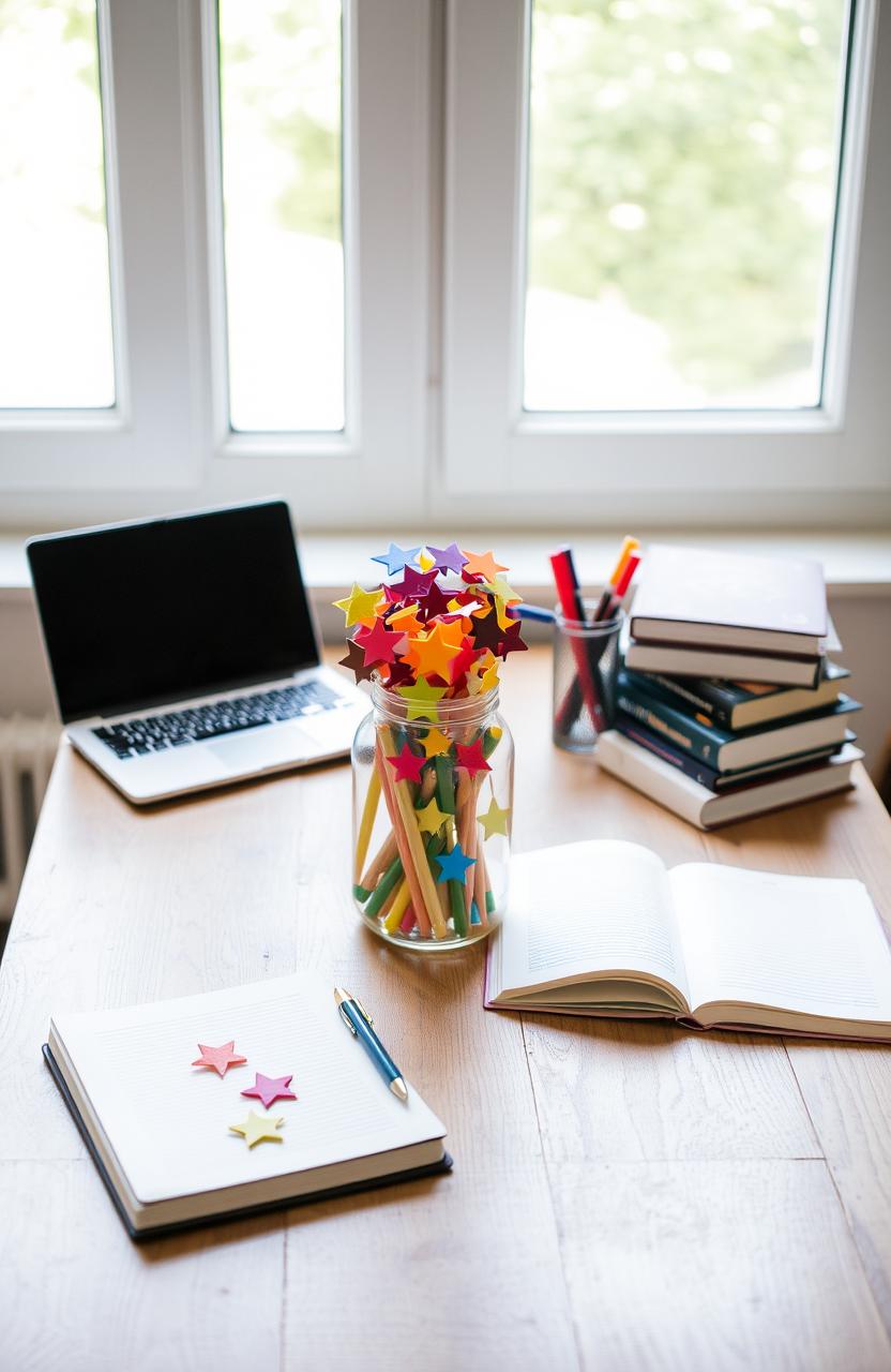 A cozy study table positioned in front of a bright window, illuminated by natural light