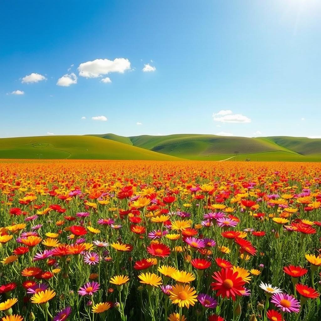 A bright and cheerful landscape featuring a vast field of vibrant wildflowers in full bloom under a clear blue sky