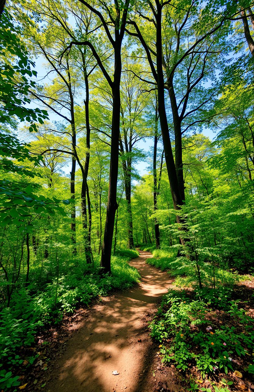 A scenic view along a forest trail, surrounded by lush greenery, tall trees with vibrant leaves, dappled sunlight filtering through the canopy, a winding path made of soft earth and scattered leaves, small wildflowers in various colors dotting the sides of the trail, a serene atmosphere with the sounds of birds chirping and a gentle breeze, a clear blue sky visible through the leaves, a tranquil woodland setting evoking a sense of peace and natural beauty