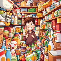An engaging illustration of a person surrounded by a myriad of supermarket items in a cluttered room