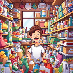 An engaging illustration of a person surrounded by a myriad of supermarket items in a cluttered room