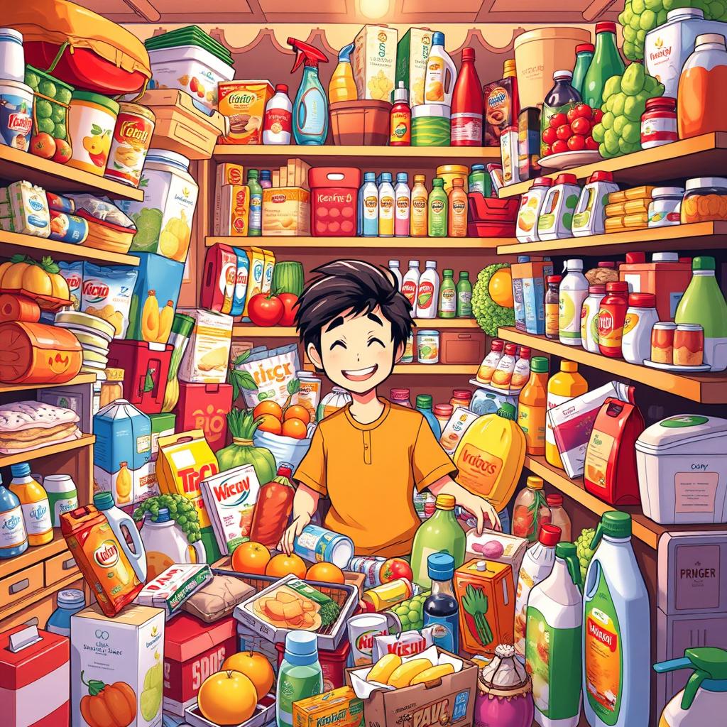 An engaging illustration of a person surrounded by a myriad of supermarket items in a cluttered room