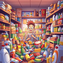 An engaging illustration of a person surrounded by a myriad of supermarket items in a cluttered room