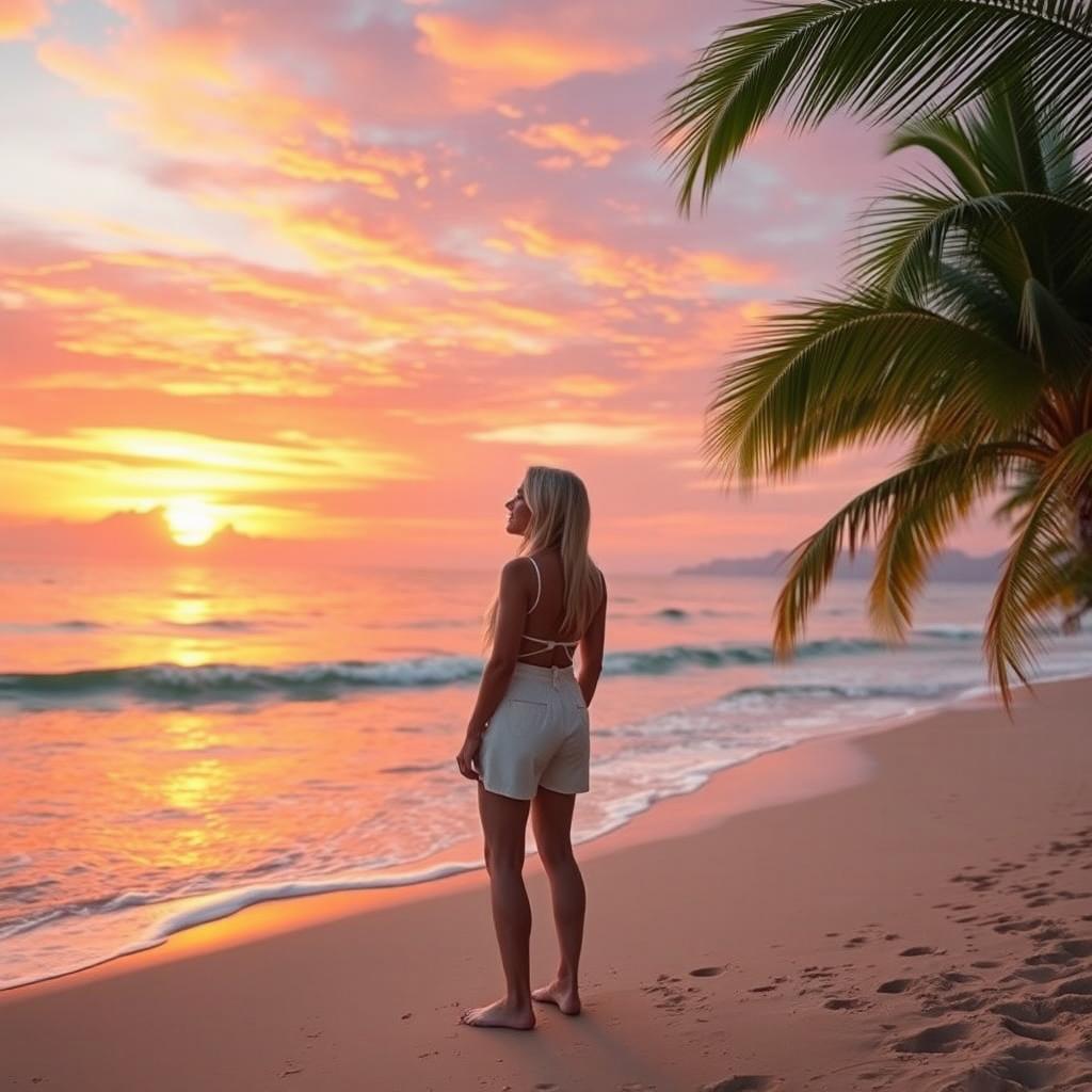 A vibrant and lively scene featuring a breathtaking sunset over a serene beach