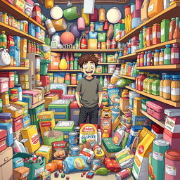 An illustration of a person surrounded by a plethora of supermarket items in a cluttered room filled with various objects