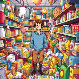 An illustration of a person surrounded by a plethora of supermarket items in a cluttered room filled with various objects