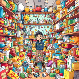 An illustration of a person surrounded by a plethora of supermarket items in a cluttered room filled with various objects