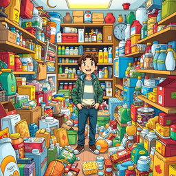 An illustration of a person surrounded by a plethora of supermarket items in a cluttered room filled with various objects