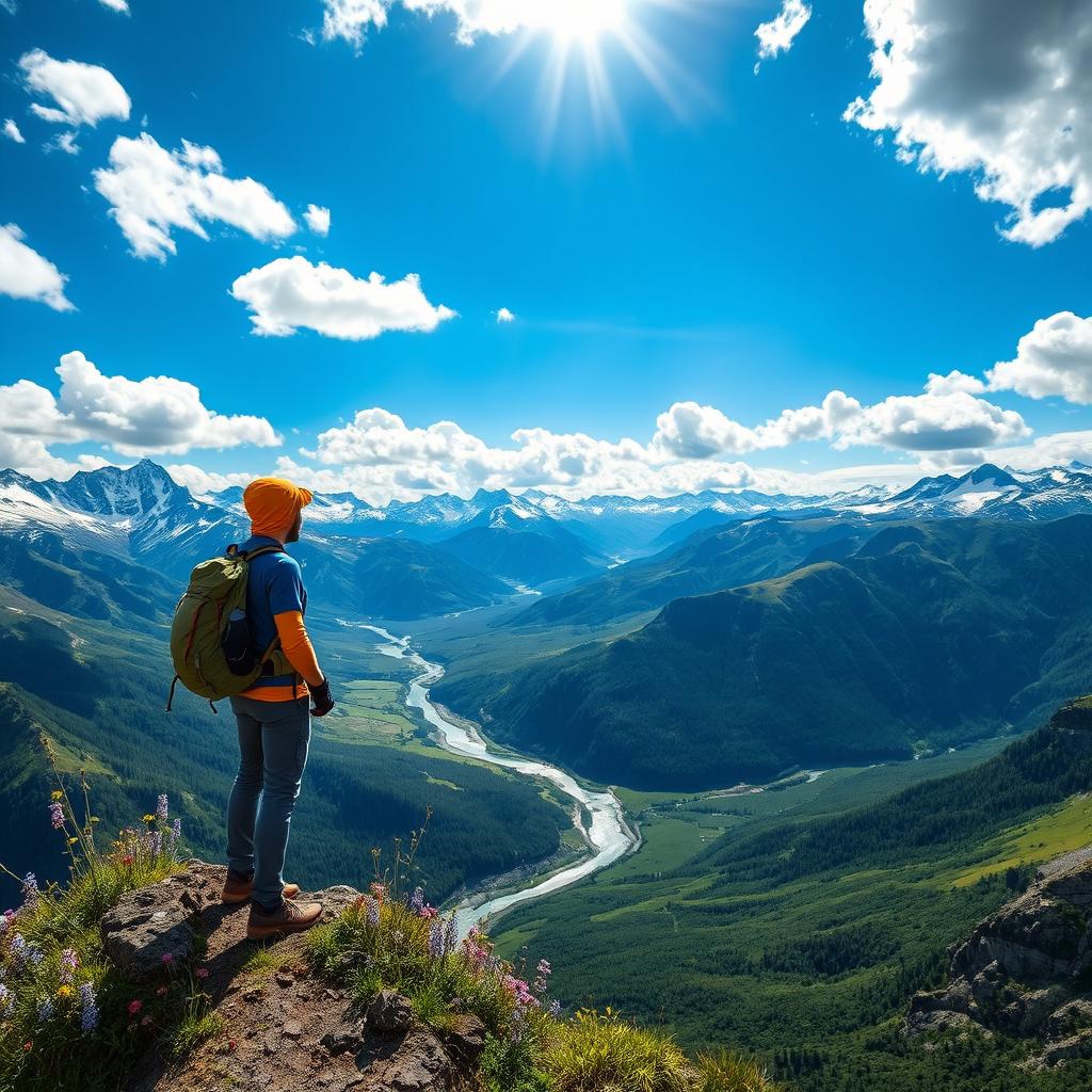 A breathtaking scene of a mountain trekker standing on the edge of a stunning viewpoint overlooking majestic snow-capped mountains and lush green valleys