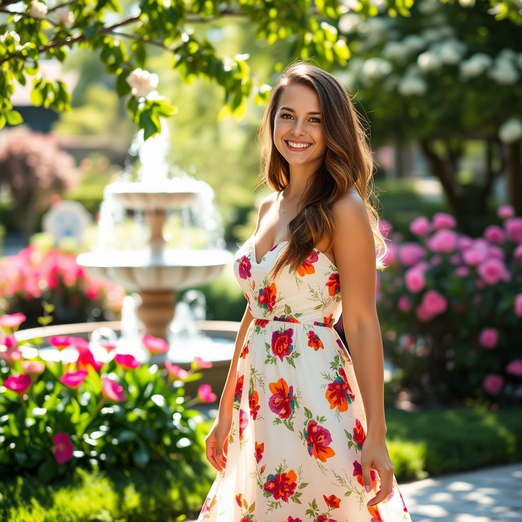 A stylish young woman standing in an elegant outdoor setting, wearing a flowing summer dress with vibrant floral patterns