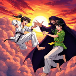 An action-packed anime-style illustration featuring a karate girl and a teenage boy wearing a bright green shirt and light pants, engaged in an intense fight against a vampire boy