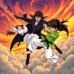 An action-packed anime-style illustration featuring a karate girl and a teenage boy wearing a bright green shirt and light pants, engaged in an intense fight against a vampire boy