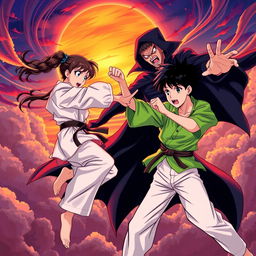 An action-packed anime-style illustration featuring a karate girl and a teenage boy wearing a bright green shirt and light pants, engaged in an intense fight against a vampire boy
