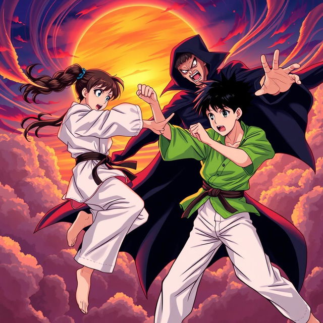 An action-packed anime-style illustration featuring a karate girl and a teenage boy wearing a bright green shirt and light pants, engaged in an intense fight against a vampire boy