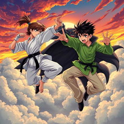 An action-packed anime-style illustration featuring a karate girl and a teenage boy wearing a bright green shirt and light pants, engaged in an intense fight against a vampire boy