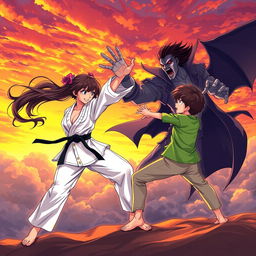 An anime-style illustration depicting a fierce battle in the sky at sunset